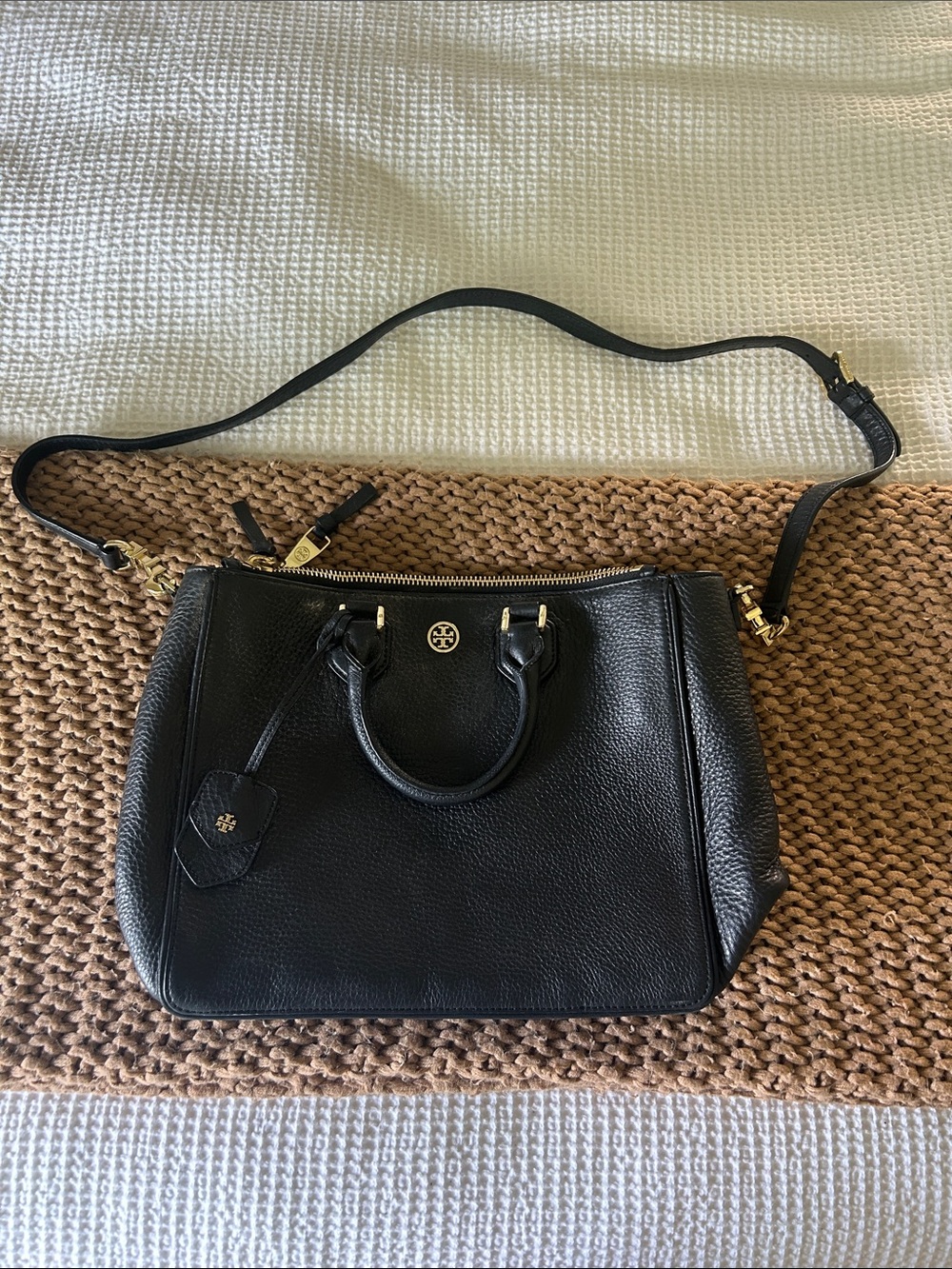Tory Burch Black Pebbled Leather Satchel with Gold Hardware